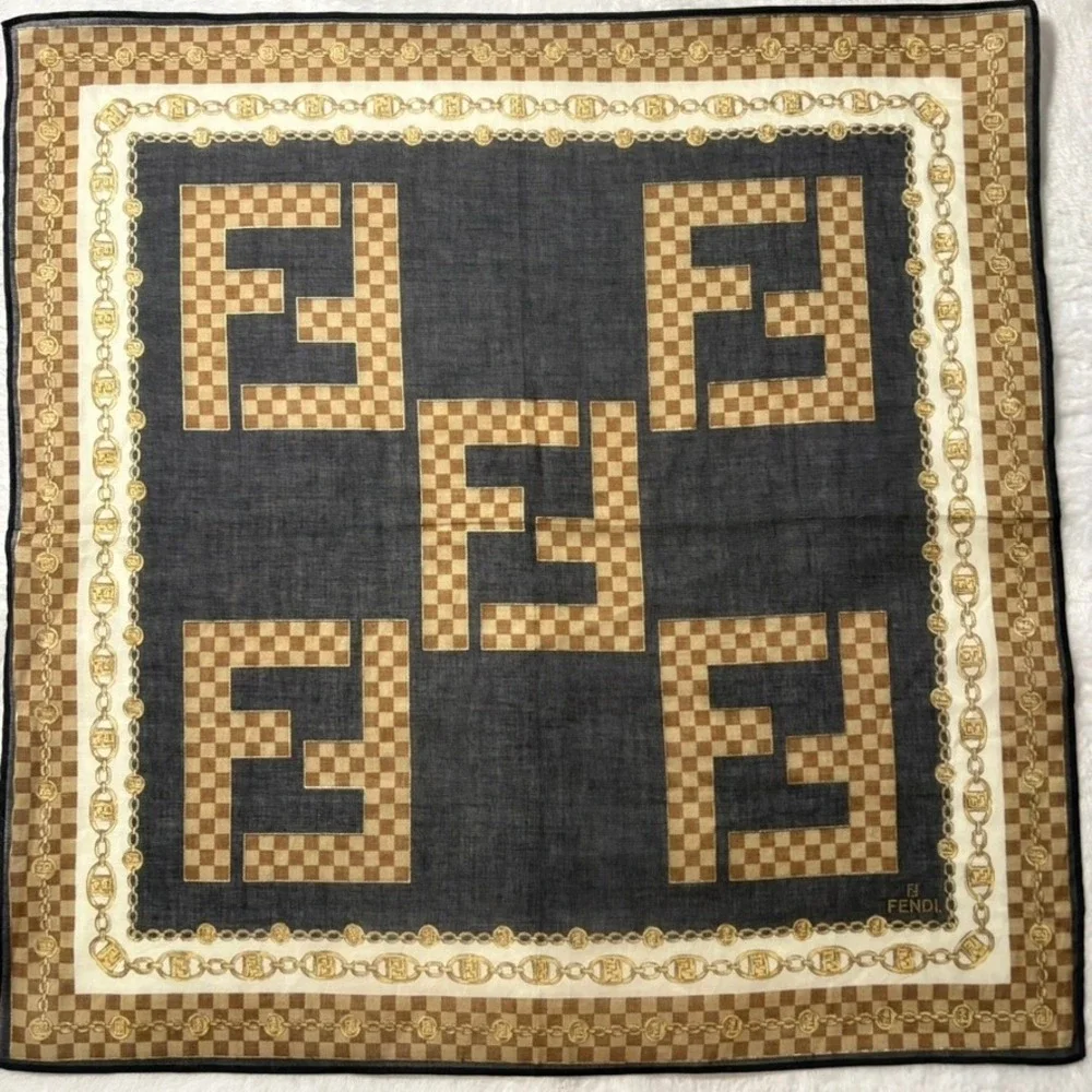 Vtg FENDI Scarf Handkerchief Zucca Monogram Navy Blue Brown 17.5